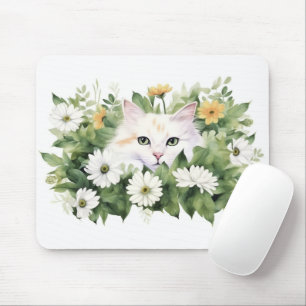 Watercolor White Cat In Daisies Mouse Mat