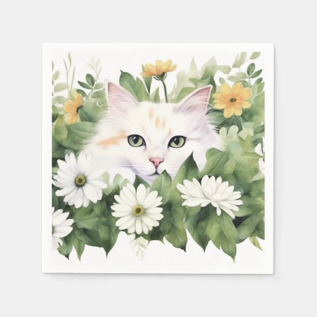 Watercolor White Cat In Daisies Napkin (Front)