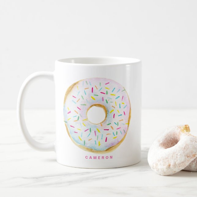 Watercolor White Chocolate Sprinkle Doughnut Coffee Mug (With Donut)