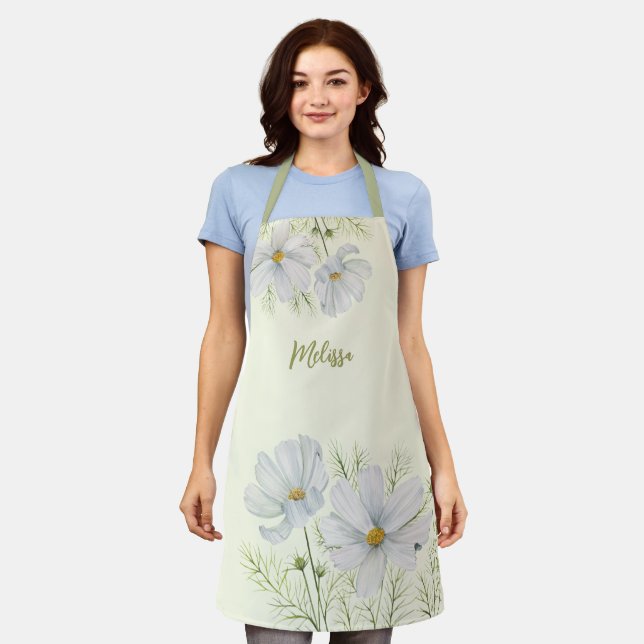 Watercolor White Cosmos Flowers Botanical Painting Apron (Worn)