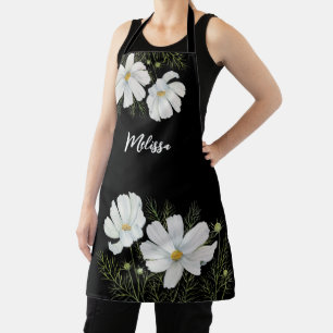 Watercolor White Cosmos Flowers Botanical Painting Apron
