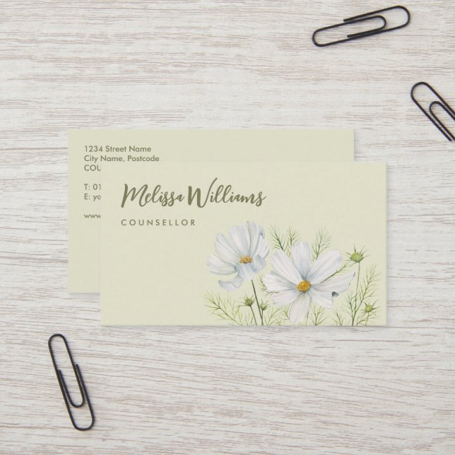 Watercolor White Cosmos Flowers Botanical Painting Business Card (Front/Back In Situ)