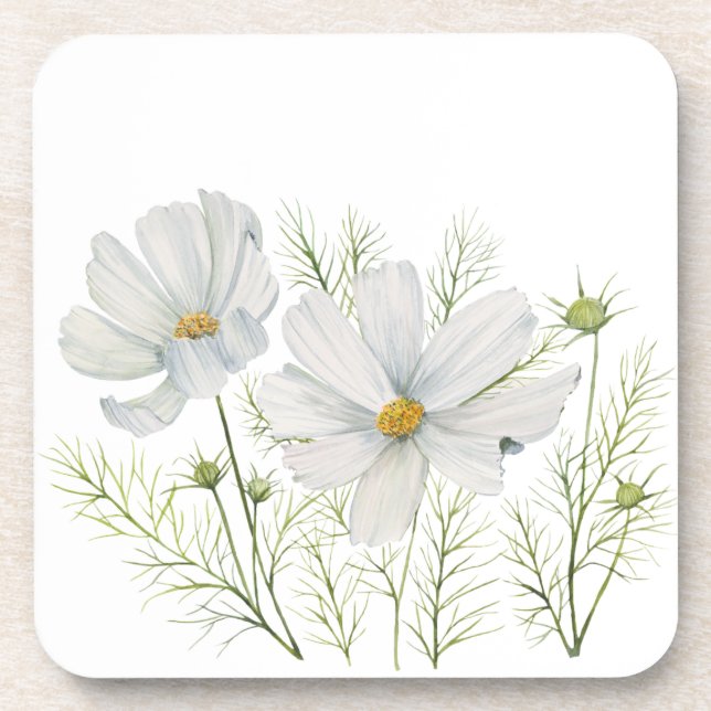 Watercolor White Cosmos Flowers Botanical Painting Coaster (Front)