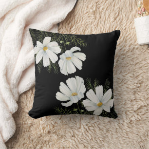 Watercolor White Cosmos Flowers Botanical Painting Cushion