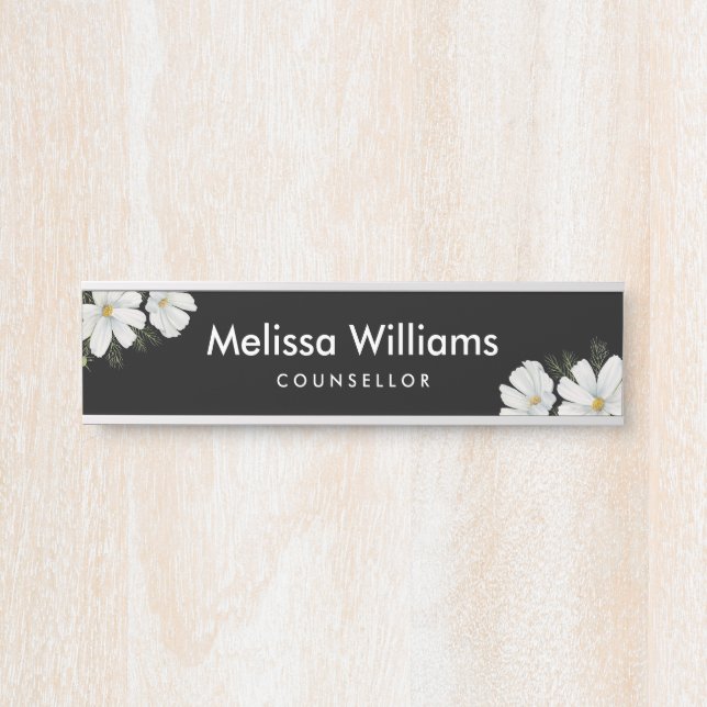 Watercolor White Cosmos Flowers Botanical Painting Door Sign (Front)