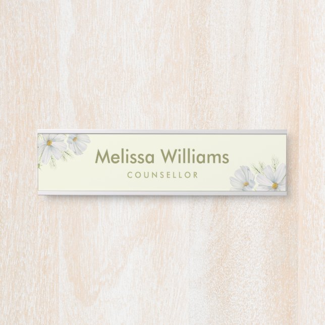 Watercolor White Cosmos Flowers Botanical Painting Door Sign (Front)