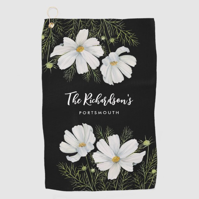 Watercolor White Cosmos Flowers Botanical Painting Golf Towel (Front)