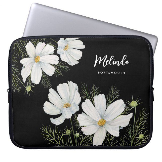 Watercolor White Cosmos Flowers Botanical Painting Laptop Sleeve (Front)