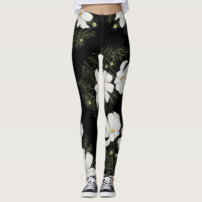 Watercolor White Cosmos Flowers Botanical Painting Leggings (Front)