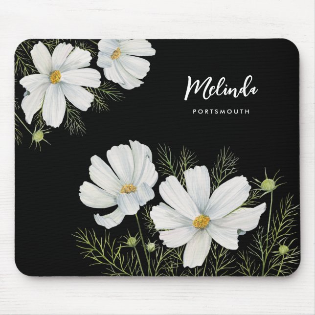Watercolor White Cosmos Flowers Botanical Painting Mouse Mat (Front)