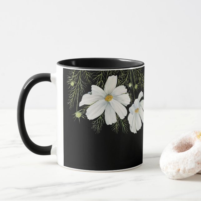 Watercolor White Cosmos Flowers Botanical Painting Mug (With Donut)