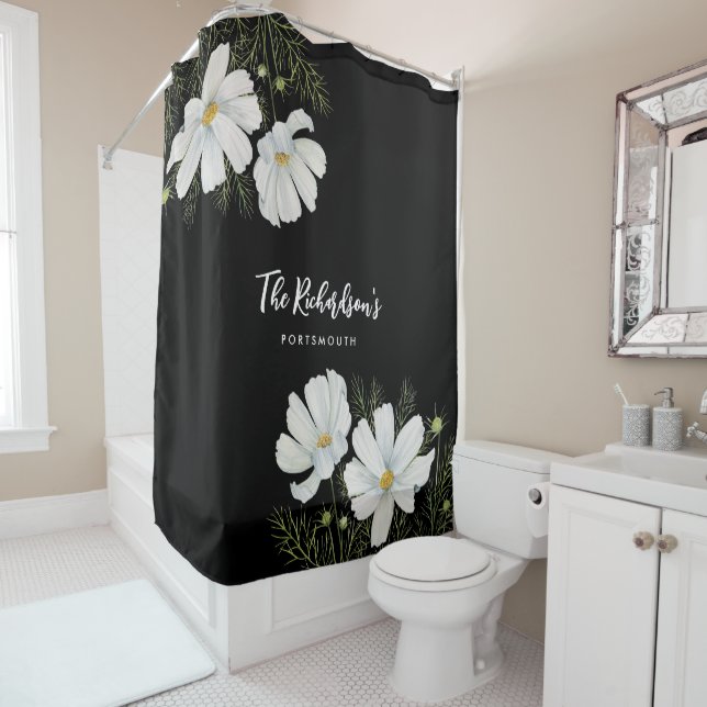 Watercolor White Cosmos Flowers Botanical Painting Shower Curtain (In Situ)