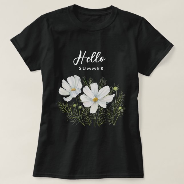 Watercolor White Cosmos Flowers Botanical Painting T-Shirt (Design Front)