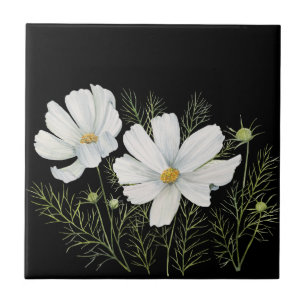 Watercolor White Cosmos Flowers Botanical Painting Tile
