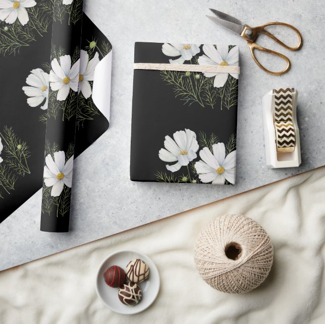 Watercolor White Cosmos Flowers Botanical Painting Wrapping Paper (Crafts)