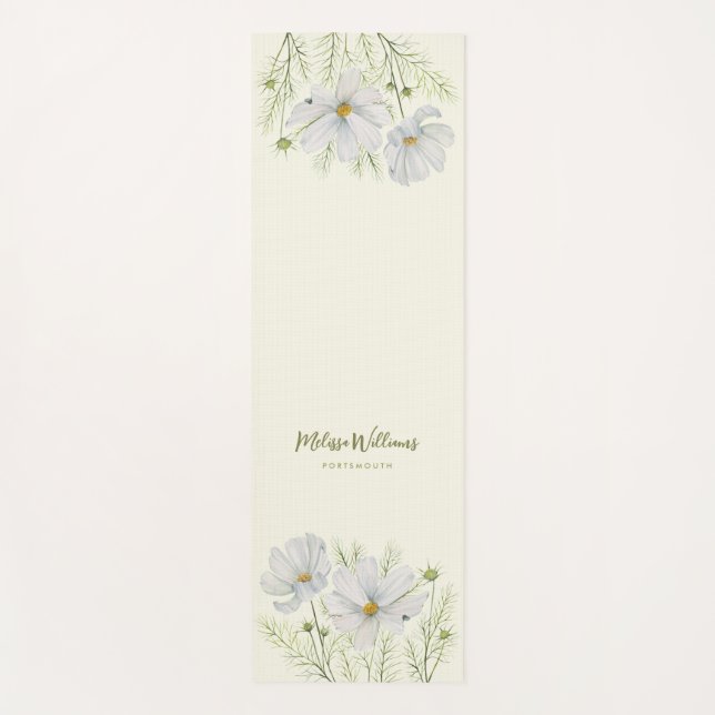 Watercolor White Cosmos Flowers Botanical Painting Yoga Mat (Front)