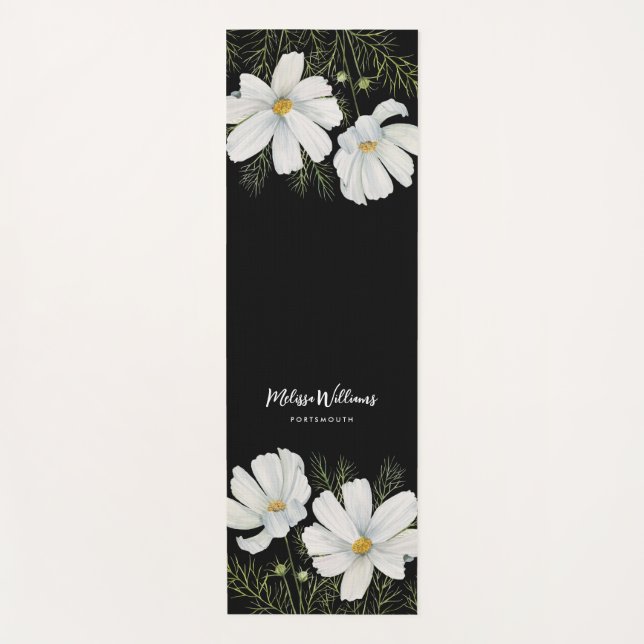 Watercolor White Cosmos Flowers Botanical Painting Yoga Mat (Front)