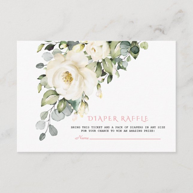 Watercolor White Cream Floral Diaper Raffle Enclosure Card (Front)