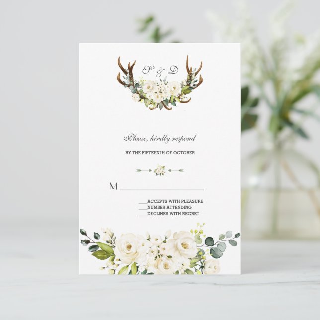 Watercolor White Cream Flowers Antlers Wedding  RSVP Card (Standing Front)
