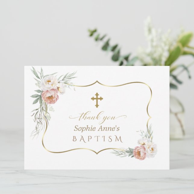 Watercolor White Dusty Rose Flowers Baptism Thank You Card (Standing Front)