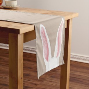 Watercolor White Easter Bunny Ears On Beige Cute Short Table Runner