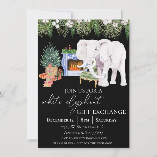 Watercolor White Elephant Gift Exchange Party Invitation (Front)