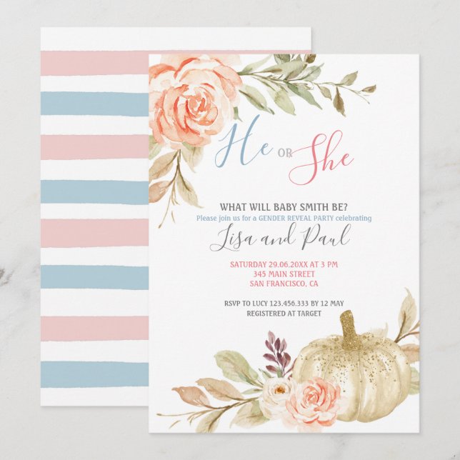 Watercolor White Fall Gender Reveal Invitation (Front/Back)