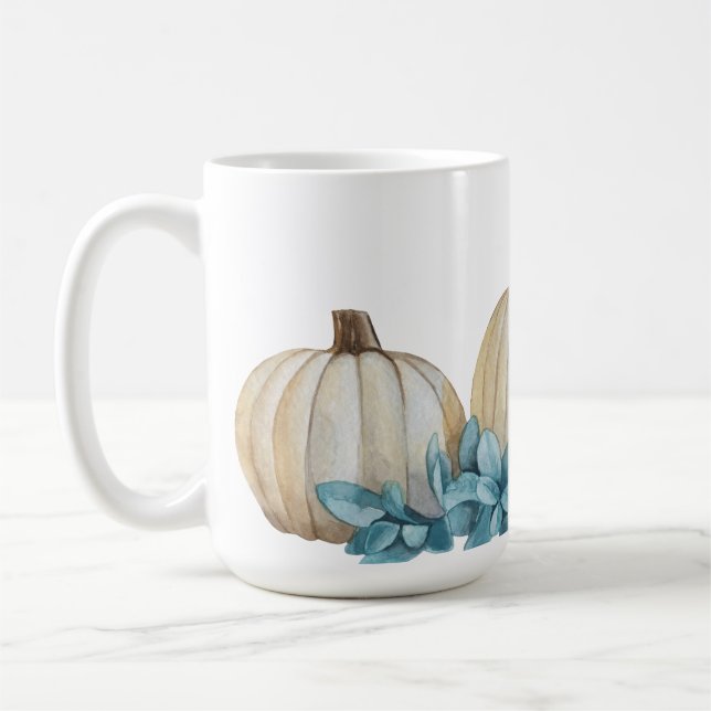 WATERCOLOR WHITE FALL PUMPKINS & BLUE FLOWERS COFFEE MUG (Left)