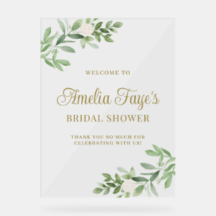 Watercolor White Floral and Greeny Bridal Shower Acrylic Sign