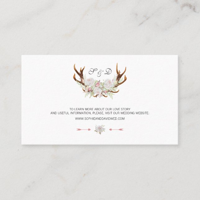 Watercolor White Floral Antlers Wedding Website Business Card (Front)