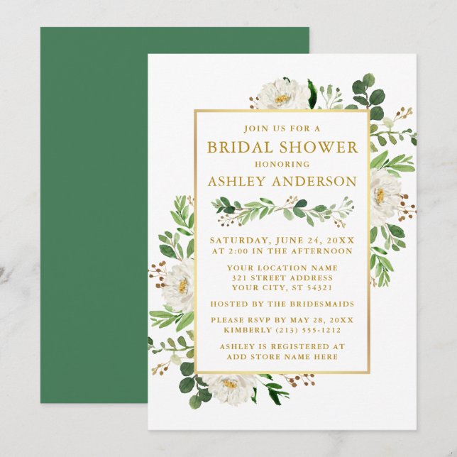 Watercolor White Floral Bridal Shower Gold Invitation (Front/Back)