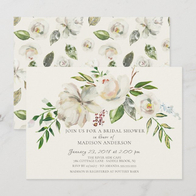 Watercolor White Floral Bridal Shower Invitation (Front/Back)