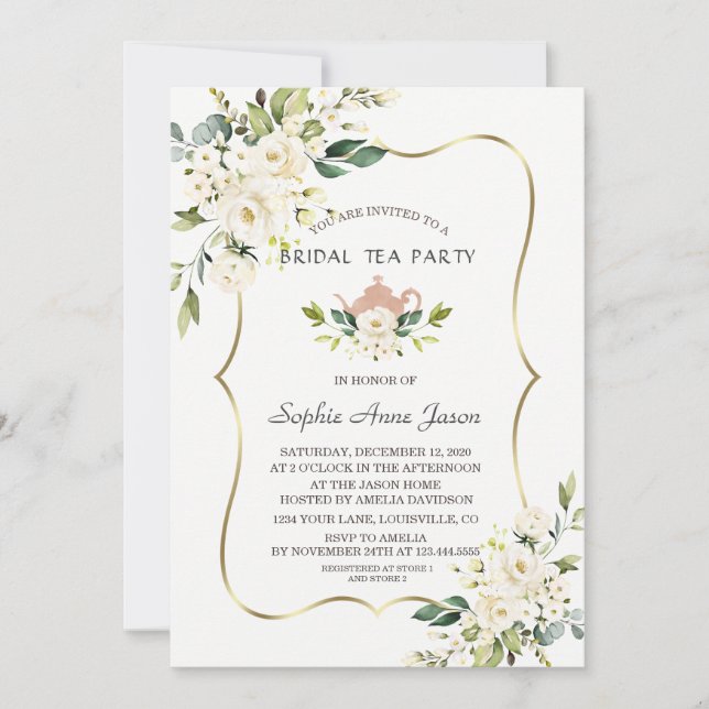 Watercolor White Floral Bridal Shower Tea Party Invitation (Front)