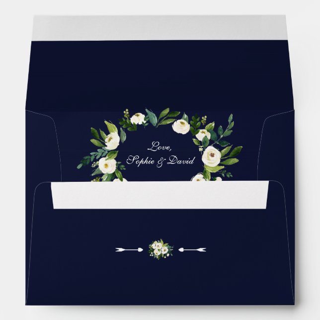 Watercolor White Floral Dark Blue Wedding Envelope (Back (Bottom))