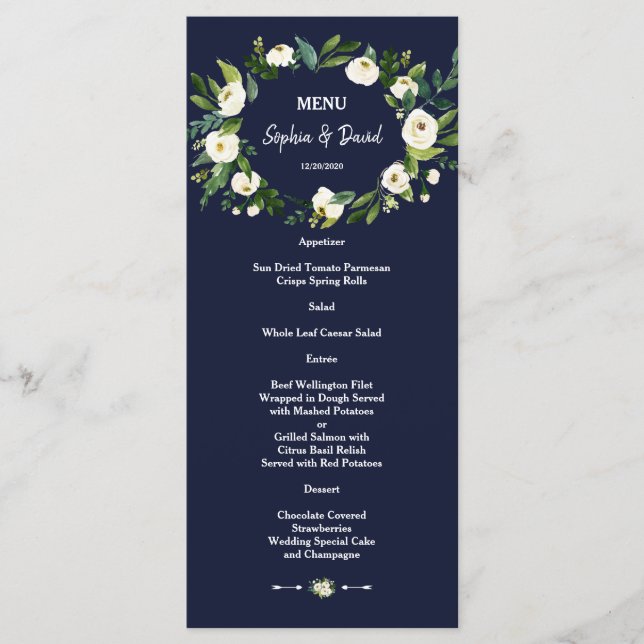 Watercolor White Floral Dark Blue Wedding Menu (Front)
