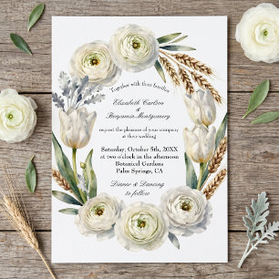 Watercolor White Floral Dried Wheat Fall Wedding Invitation