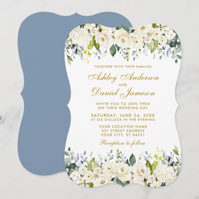 Watercolor White Floral Dusty Blue Elegant Wedding Invitation (Front/Back)