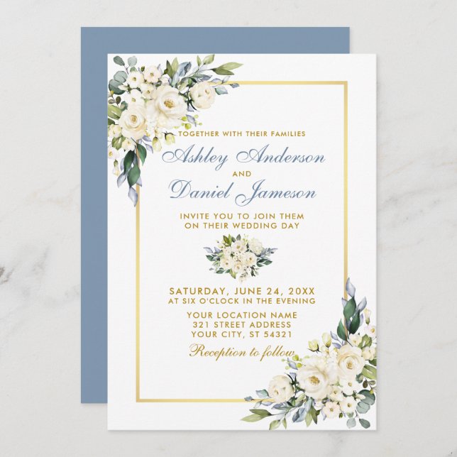 Watercolor White Floral Dusty Blue Gold Wedding Invitation (Front/Back)