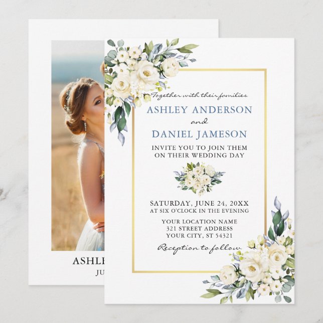 Watercolor White Floral Dusty Blue Photo Wedding Invitation (Front/Back)