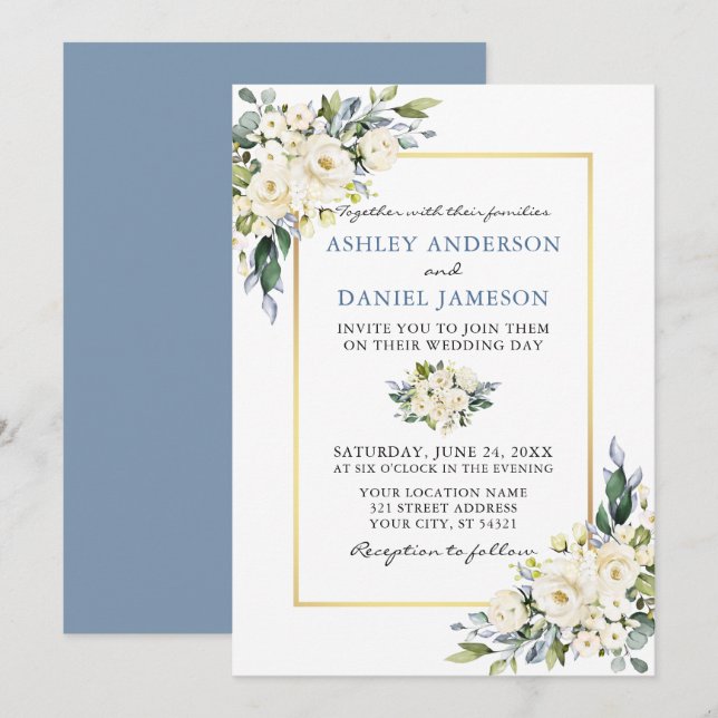 Watercolor White Floral Dusty Blue Wedding Invitation (Front/Back)