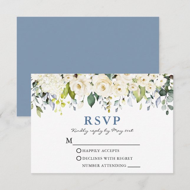 Watercolor White Floral Dusty Blue Wedding RSVP Card (Front/Back)