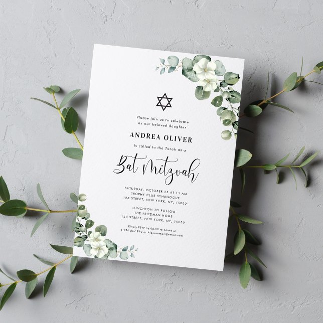 Watercolor White Floral Eucalyptus Bat Mitzvah Invitation (Creator Uploaded)