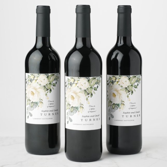 Watercolor White Floral Eucalyptus Foliage Wedding Wine Label (Bottles)