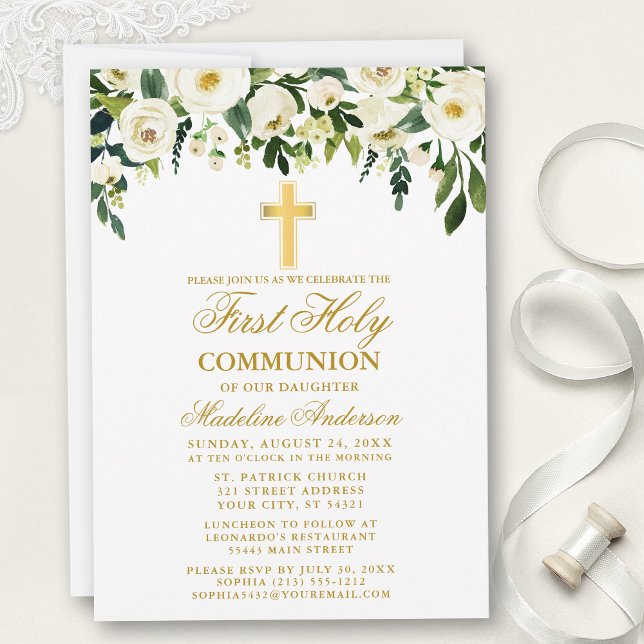 Watercolor White Floral First Communion Gold Invitation (Customize to change text color, style or text size.)