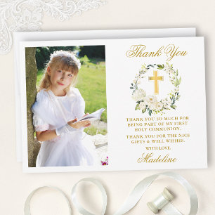 Watercolor White Floral First Communion Gold Thank You Card