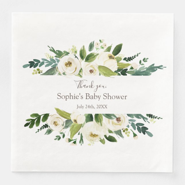 Watercolor White Floral Frame BABY SHOWER Napkin (Front)