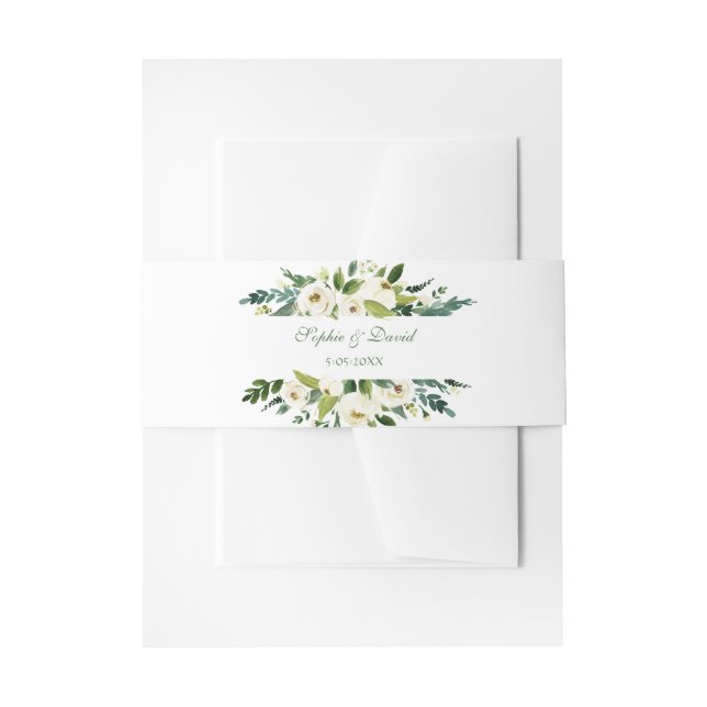 Watercolor White Floral Frame Wedding Invitation Belly Band (Front Example)