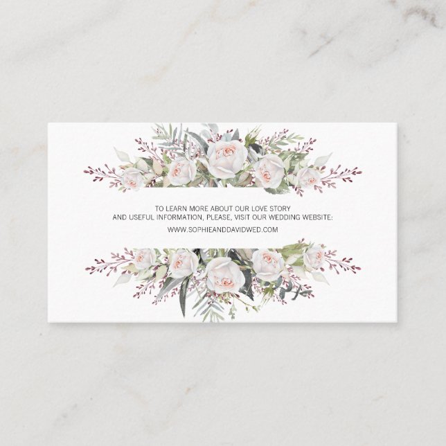 Watercolor White Floral Frame Wedding Website Business Card (Front)