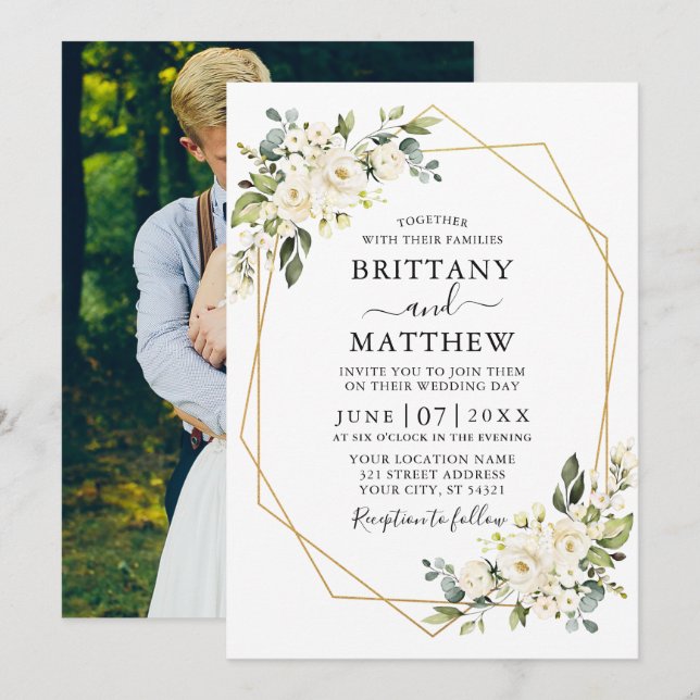 Watercolor White Floral Geo Frame Photo Wedding Invitation (Front/Back)