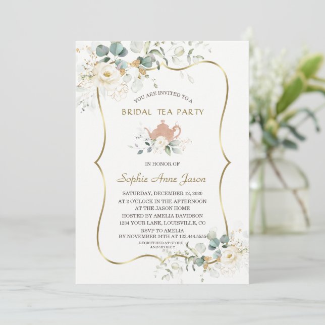 Watercolor White Floral Gold Bridal Tea Party Invitation (Standing Front)